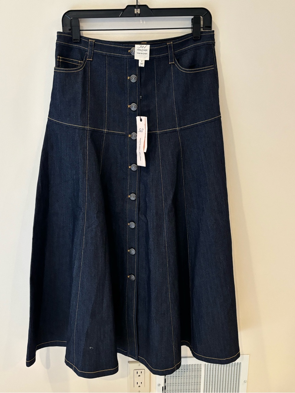 Cinq a Sept Dark Denim A-Line Midi Skirt